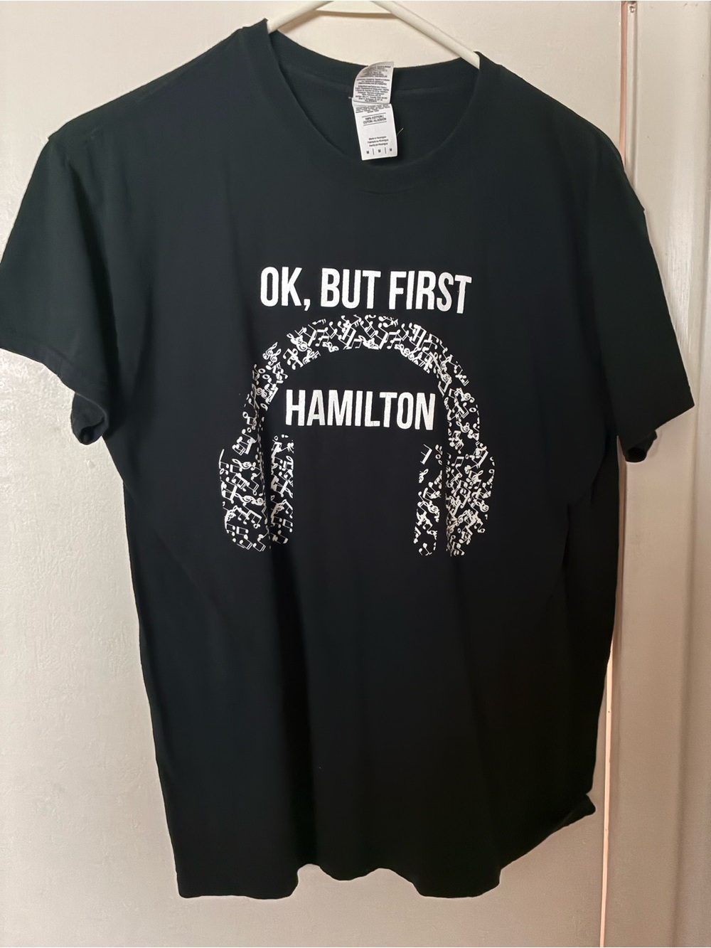 OK, But First Hamilton Graphic Tee Black Womens Size Medium Gildan 100% Cotton